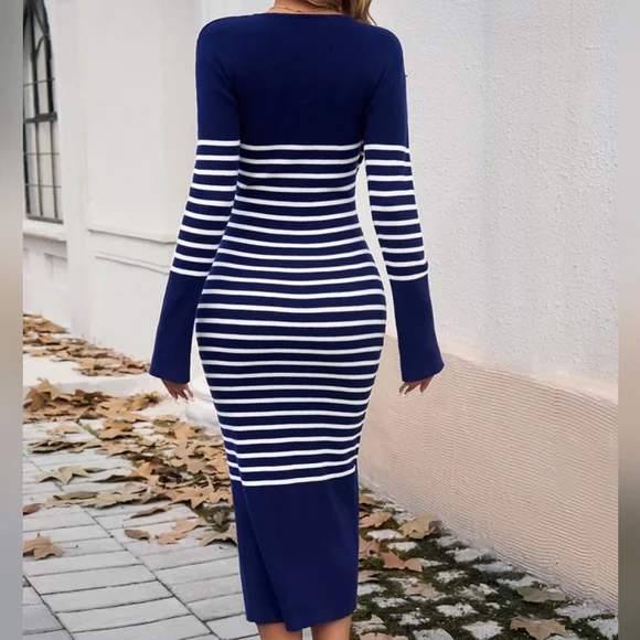 Striped Navy V-Neck Sweater Dress - Picture 8 of 11
